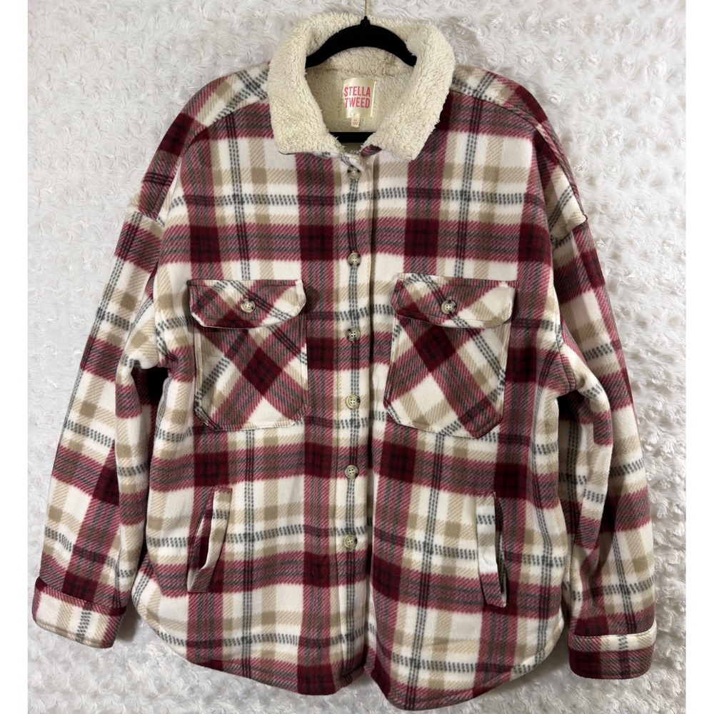 Stella Tweed Women 2XRed Plaid Sherpa Lined Fleece Shacket Plus Jacket